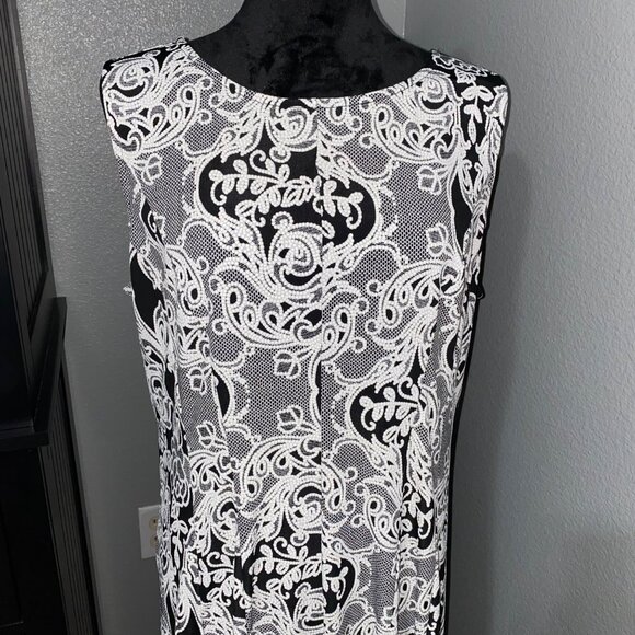 Studio One New York Dress XL Black White Lace Print Fit Flare Monochrome Classic - Picture 2 of 8